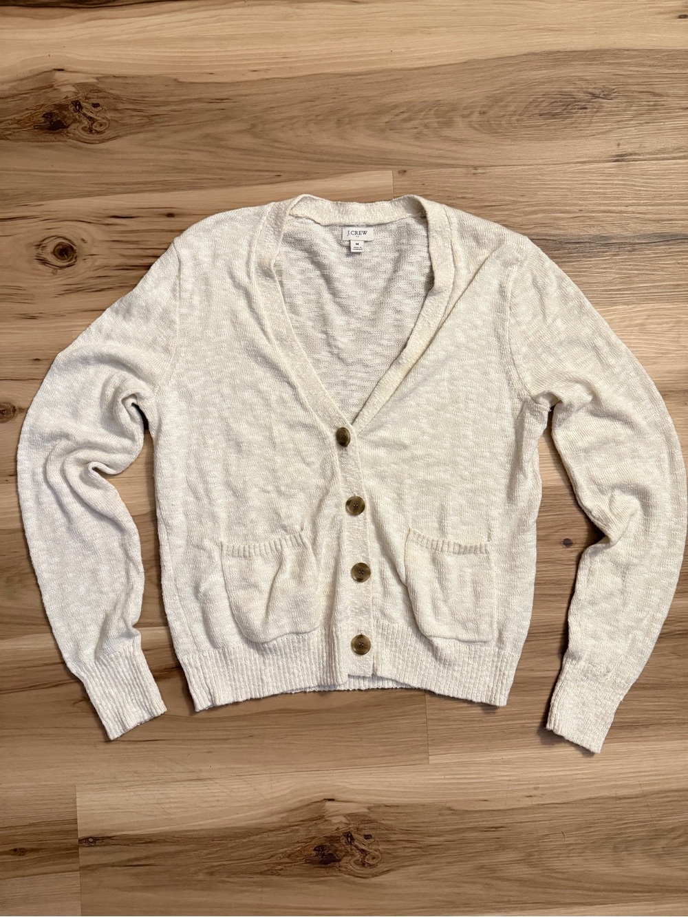 J.Crew Cardigan Sweater Women's Medium Ivory
Open Knit Button Front Pockets